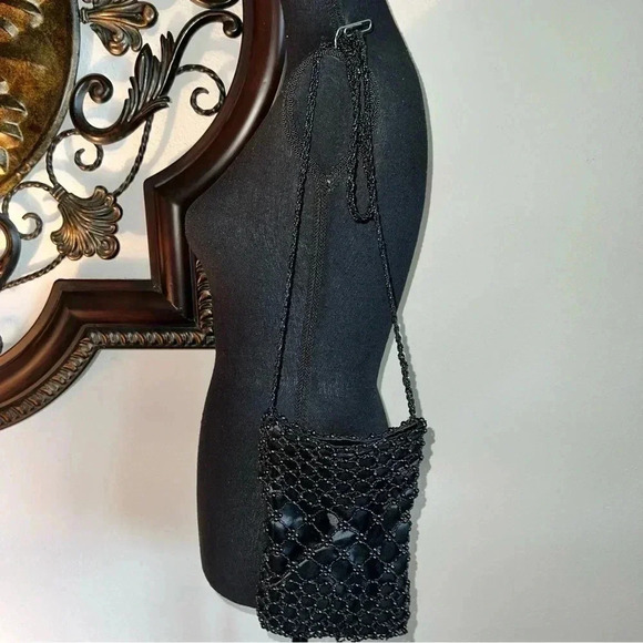 Women’s Vintage Black Beaded Macrame Satin Evening Shoulder Bag Beaded - Picture 6 of 15